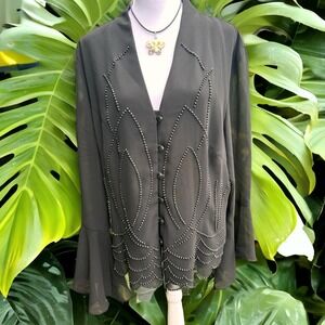 JR Nites by Caliendo Black Beaded Sheer Bell Sleeve Blazer Jacket Size 18/M